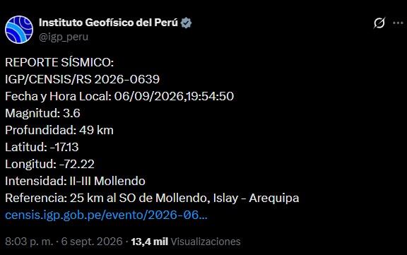 Arequipa registra sismo de magnitud 3.6: conoce la hora, epicentro y profundidad. Captura: X.
