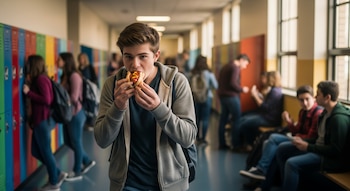Un adolescente con sudadera gris come un pancho con mostaza, caminando por un pasillo escolar. Taquillas coloridas y estudiantes borrosos de fondo.