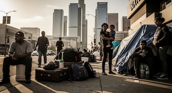 Una madre con su hijo, otras personas, equipaje y una lona azul en una acera de Los Ángeles, con edificios altos al fondo bajo el sol del atardecer.