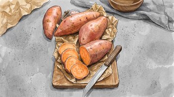 Batatas enteras y rebanadas sobre una tabla de madera con un cuchillo, sal y un cuenco sobre una mesa gris.