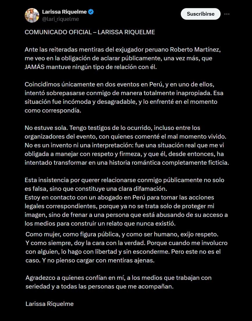 Comunicado de Larissa Riquelme contra Roberto Martínez. X/@lari_riquelme
