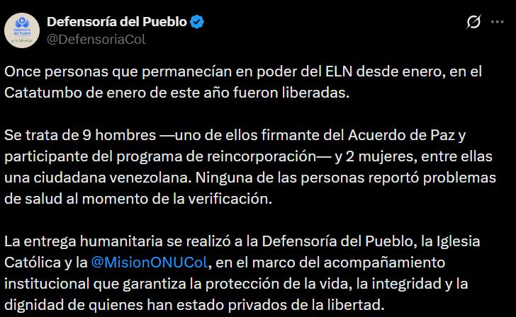 La defensoría resaltó que la operación se realizó bajo estrictos protocolos para proteger la vida y dignidad de los liberados.- crédito @DefensoriaCol/X
