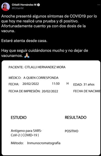 La senadora confirmó su contagio