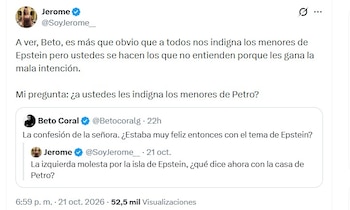 6. Jerome Sanabria respondió a las críticas de Beto Coral y sostuvo que su cuestionamiento estaba dirigido a quienes, según ella, no se pronunciaban sobre las acusaciones relacionadas con Petro - crédito @SoyJerome__/X