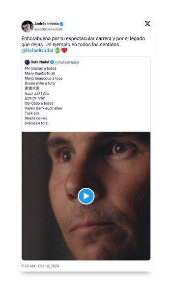 Mensaje de Iniesta por el retiro de Nadal