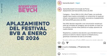 Según explicó la organización, la negativa de la Alcaldía de Cartagena para prestar las playas de la ciudad para conciertos en vivo fue el motivo del aplazamiento - crédito @buenavida_beach/Instagram