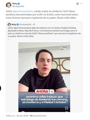 Natalia Castro Córdoba, hija de Piedad Córdoba, se despachó contra Jerónimo Uribe por mencionar a su madre en un comentario - crédito @natyestefa/X