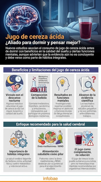 Infografía con cerebro, vaso de jugo de cereza, símbolos químicos, persona durmiendo, lupa, engranajes y plato de comida saludable.