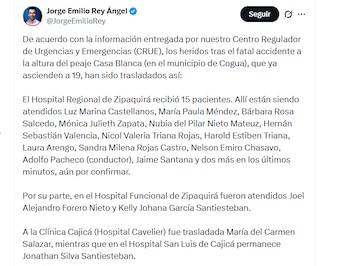 El gobernador Jorge Emilio Rey Ángel presentó el listado de personas heridas en el accidente, indicando el hospital en el que están siendo atendidos - crédito @JorgeEmilioRey/X
