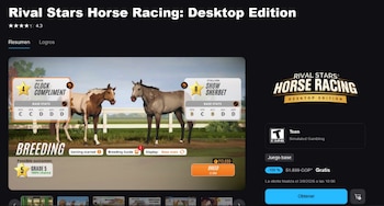 Captura de pantalla de un videojuego de caballos con su ficha técnica, un panel de crianza de equinos y un botón azul de obtención gratuita