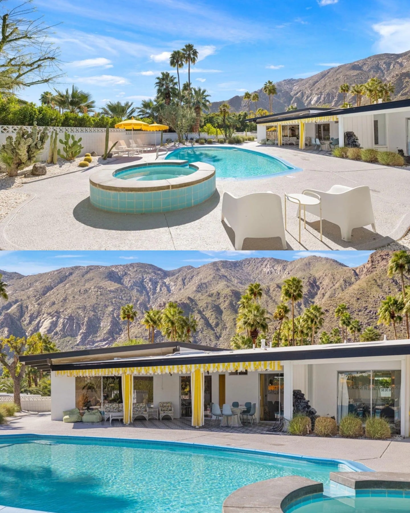 El exterior de la vivienda incluye un patio cubierto, piscina, jacuzzi, fogata y vistas a las montañas de Palm Springs (Instagram: @realtordotcom/Teigen Media).