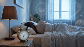 Una persona acostada en una cama junto a una mesa de noche con una lámpara y un despertador analógico, frente a una ventana al amanecer.
