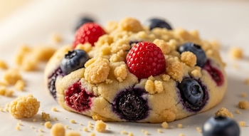 Crumble cookie con arándanos y frambuesas, cubierta de migas, sobre papel encerado blanco. Hay más migas dispersas y un fondo beige desenfocado.