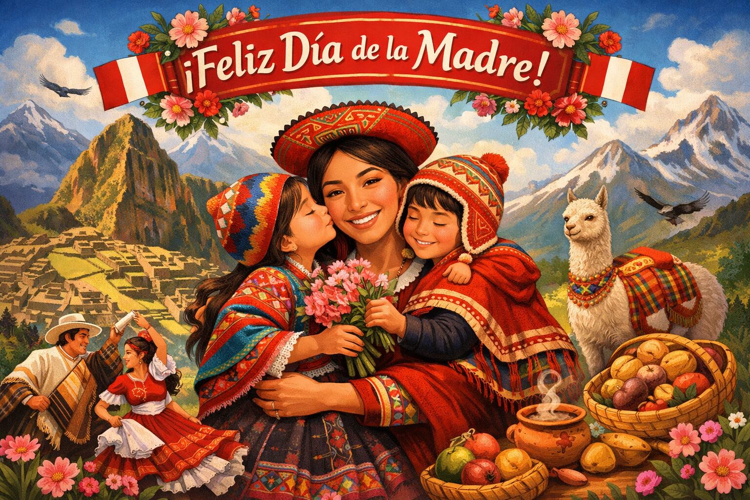 Ilustración vibrante que captura el espíritu del Día de la Madre en Perú, mostrando a una madre sonriente con sus hijos en vestimenta tradicional, rodeados por el majestuoso paisaje andino de Machu Picchu y elementos culturales. (Imagen Ilustrativa Infobae)