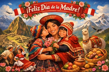 Ilustración de una madre peruana sonriendo con dos niños que la abrazan y besan. Al fondo, Machu Picchu, montañas, un hombre y una mujer bailando, una llama, y cestas de frutas.