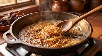Sartén de hierro sobre una estufa con fideos friéndose en aceite caliente, una cuchara de madera y recipientes de barro al fondo.