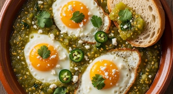 Vista aérea de huevos fritos con yemas brillantes en una salsa verde espesa, adornados con cilantro, queso y jalapeños en rodajas, con una rebanada de pan.