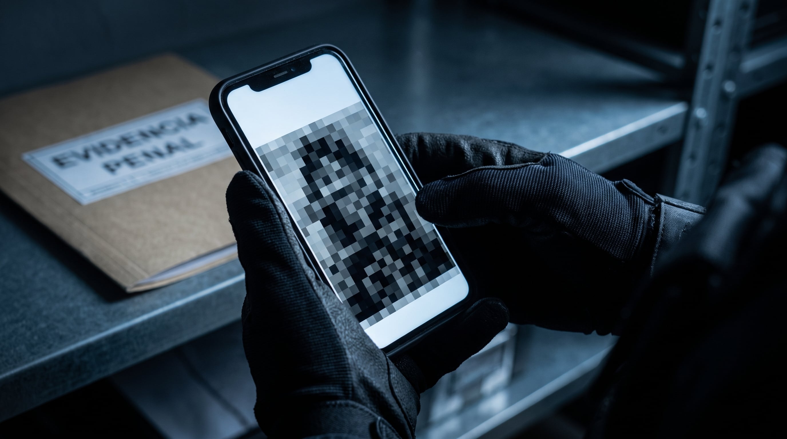 Un agente examina un teléfono celular con contenido censurado digitalmente junto a un expediente de evidencia penal. (Imagen Ilustrativa Infobae)