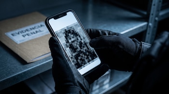 Manos con guantes tácticos sostienen un celular con pantalla pixeleada frente a una carpeta etiquetada Evidencia Penal.