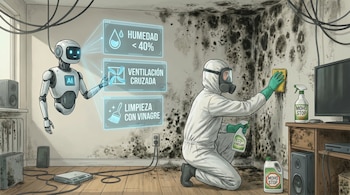 Una persona con traje blanco y máscara de gas limpia una pared con moho negro usando un paño y spray, mientras un robot AI proyecta pantallas holográficas con consejos de limpieza.