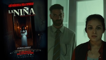 A la izquierda, póster de "La Niña" con una niña de pelo largo, vestido blanco, sosteniendo una taza, reflejada en un espejo. A la derecha, un hombre y una mujer con expresiones serias
