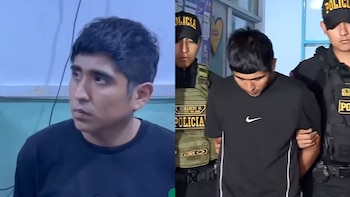 Un hombre en camiseta negra, arrestado, es escoltado por dos policías uniformados. La imagen es un montaje de un primer plano y una escena de arresto