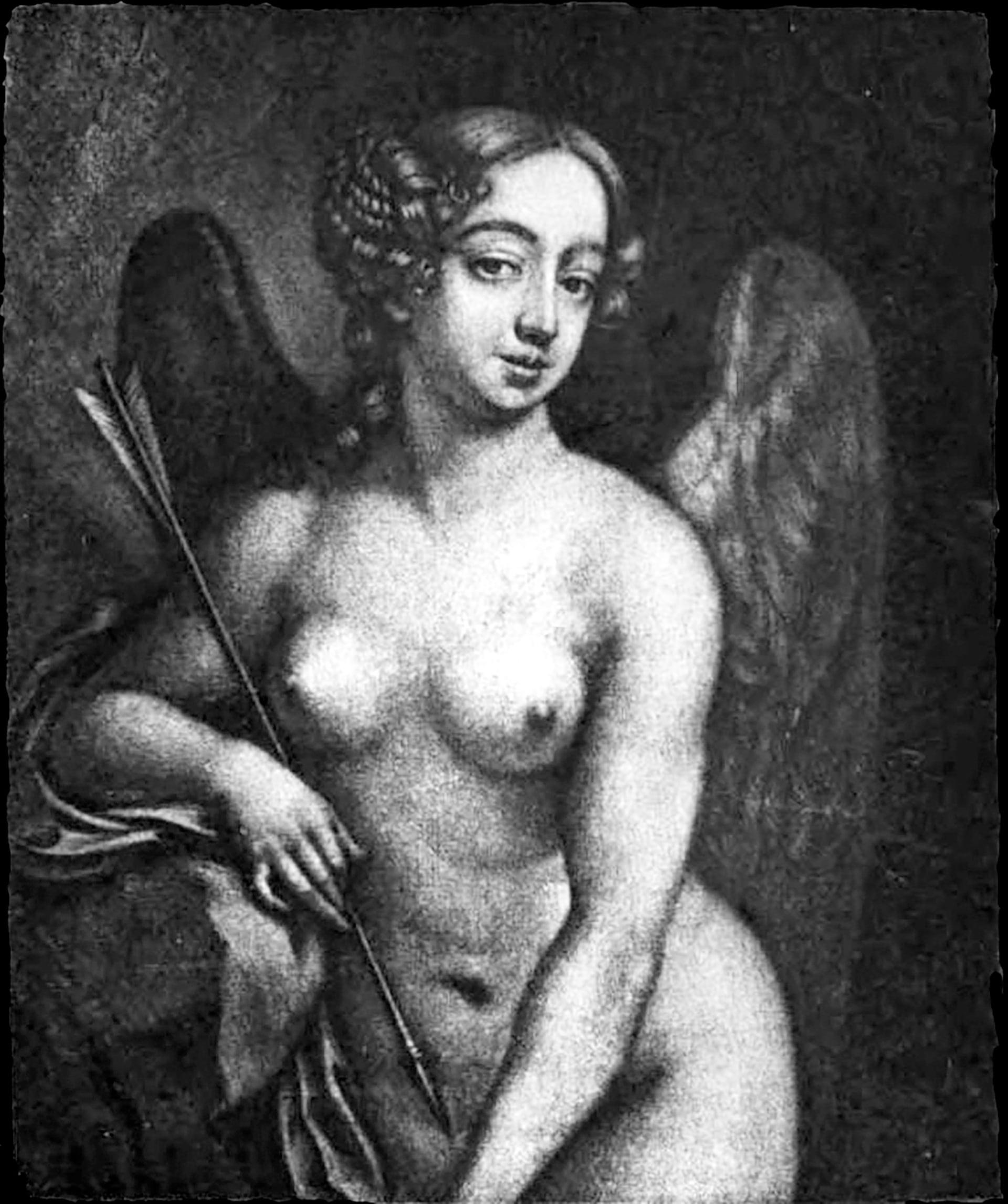 Un grabado representa a la actriz inglesa Nell Gwyn caracterizada como la figura alada de Cupido con una flecha en la mano.