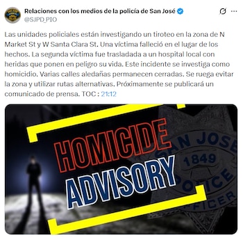 Gráfico con texto 'HOMICIDE ADVISORY' en rojo y azul sobre fondo borroso de silueta de persona y placa policial