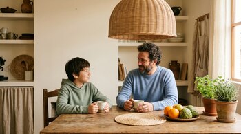 Padre e hijo preadolescente sentados a la mesa de madera en una cocina luminosa, ambos con tazas, frente a estantes y una lámpara de mimbre.