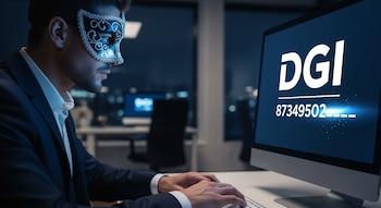 Hombre con traje y antifaz en escritorio. Teclado, monitor con "DGI" y números "87349502" con efecto de borrado. Oficina oscura al fondo.