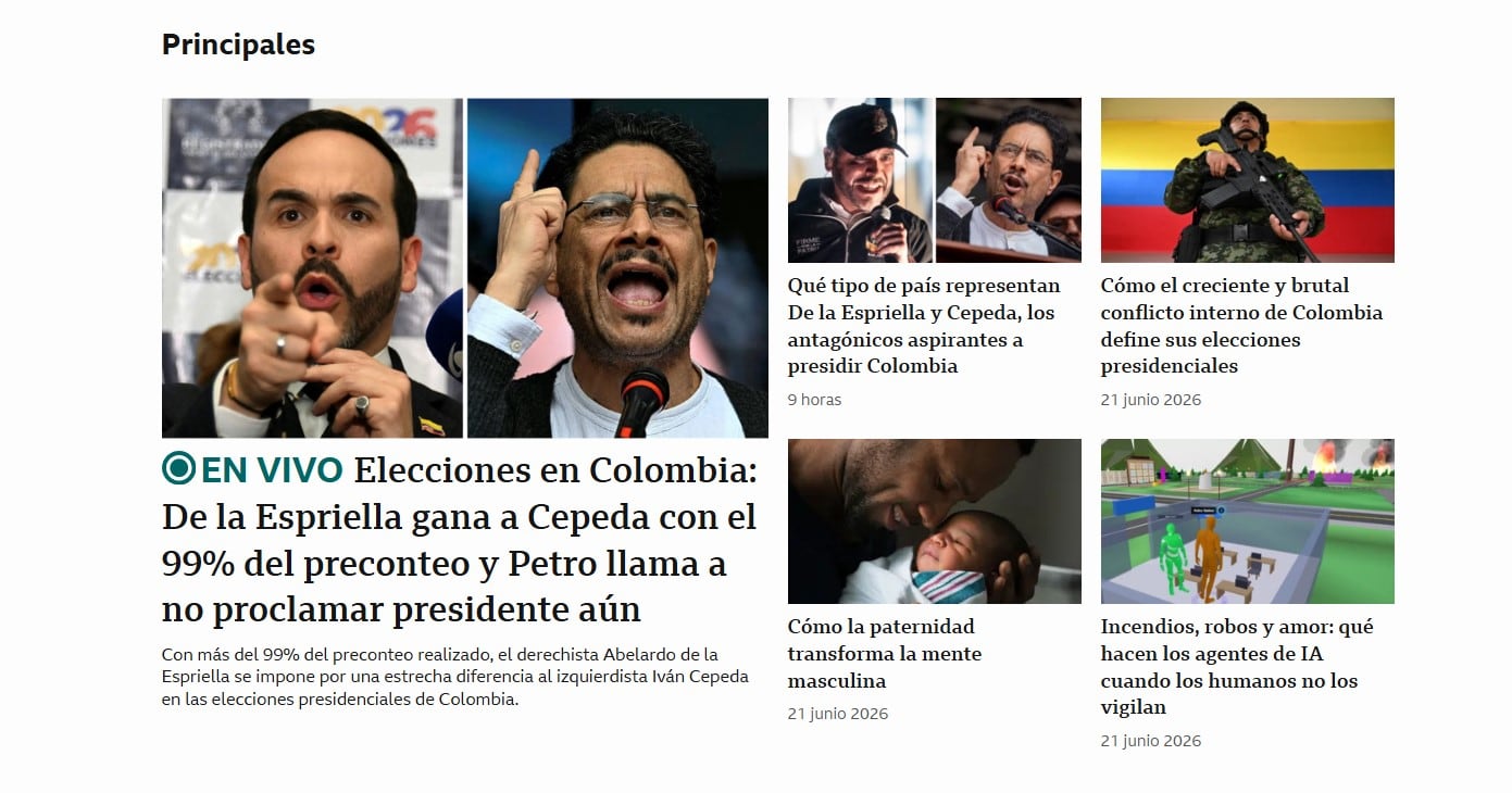 En su página web, BBC Mundo destacó la reñida victoria de Abelardo de la Espriella contra Iván Cepeda - crédito BBC
