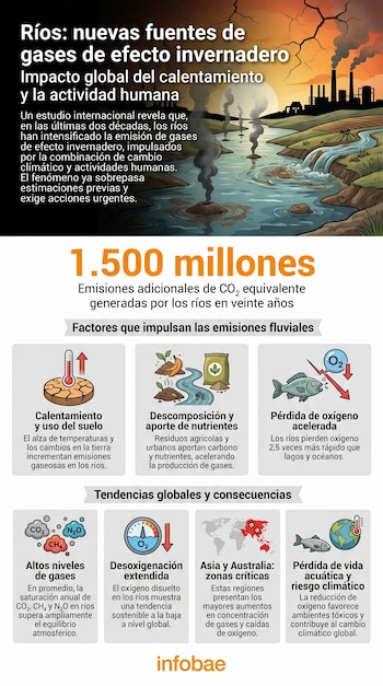 Infografía con ilustraciones de un río contaminado por chimeneas industriales y campos agrícolas, mostrando paneles sobre emisiones de gases y consecuencias.