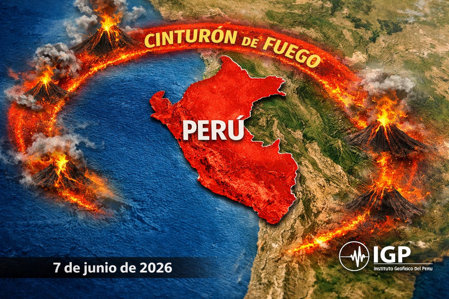 Un mapa conceptual del territorio de Perú resalta su ubicación estratégica dentro del Cinturón de Fuego del Pacífico, con la marca del Instituto Geofísico del Perú y la fecha 7 de junio de 2026. (Imagen Ilustrativa Infobae)