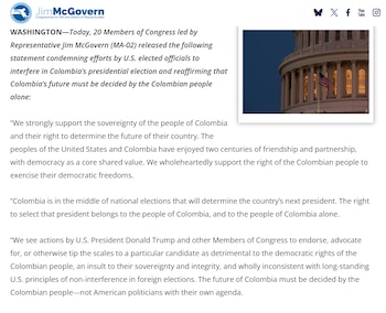Los firmantes definieron como un insulto a la soberanía e integridad de Colombia cualquier respaldo de Estados Unidos a un candidato específico - crédito Captura de Pantalla Página web de Jim McGovern