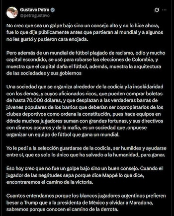 : Gustavo Petro defendió en X sus críticas a la Selección Colombia y afirmó que sus declaraciones no fueron un "golpe bajo", sino un consejo que, según dijo, había dado antes del inicio del Mundial - crédito Gustavo Petro/X