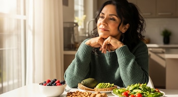 Mujer latina de mediana edad sentada a una mesa de cocina iluminada por luz natural, rodeada de un tazón de bayas, aguacate tostado, ensalada y nueces.