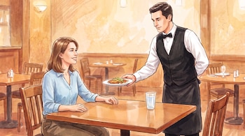 Ilustración de un camarero que entrega un plato a una mujer sentada junto a una mesa con un vaso de agua.