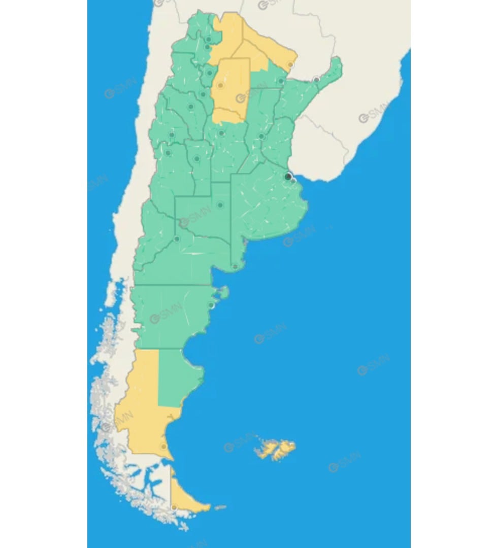 El mapa de alerta por tormentas en todo el territorio nacional para este 13 de abril (SMN)
