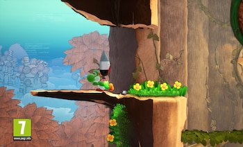 Yoshi, el personaje verde de dibujos animados, camina sobre una plataforma de madera mientras sostiene un misil. El fondo muestra un paisaje de videojuego con árboles y cielo azul