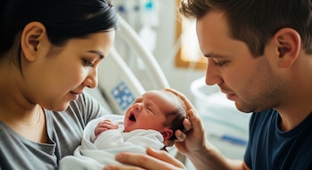 Madre y padre sostienen a un recién nacido envuelto en una manta blanca; el bebé tiene la boca abierta, el padre toca su cabeza.