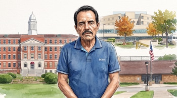 Ilustración de hombre con bigote y camisa azul. Detrás, tres edificios: uno clásico con cúpula, uno moderno y uno de ladrillo con la bandera de Estados Unidos.