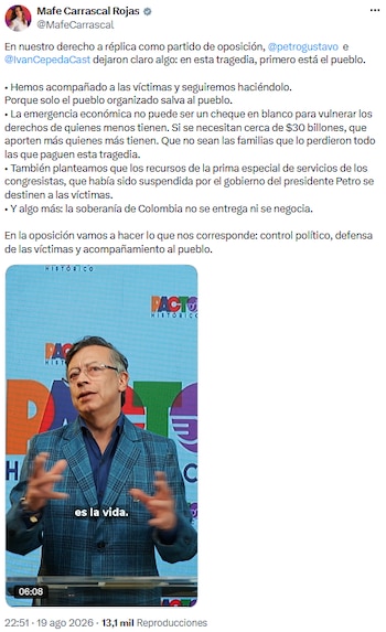 Mafe Carrascal exige protección para los más vulnerables y uso de fondos parlamentarios para la emergencia - crédito @MafeCarrascal/X