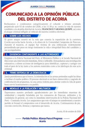 Comunicado del partido Alianza para el Progreso titulado Comunicado a la opinión pública del distrito de Acoria con cuatro secciones numeradas