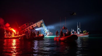Ferry parcialmente hundido de noche, rodeado de lanchas de rescate, botes inflables, personal con chalecos y luces de bengala. Un helicóptero sobrevuela.