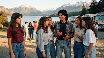Un grupo de jóvenes sonriendo y conversando en un paisaje al aire libre con un lago, montañas y autobuses. El sol ilumina a la izquierda