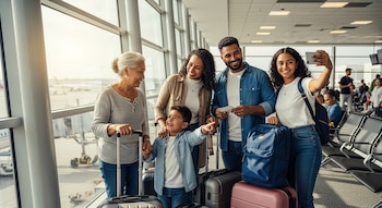 Una familia latina multigeneracional posa para una selfie en la sala de espera de un aeropuerto internacional, con equipaje y aviones visibles a través de la ventana.