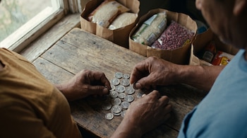 Varias manos cuentan monedas sobre una mesa de madera junto a bolsas de papel con paquetes de arroz y frijoles.