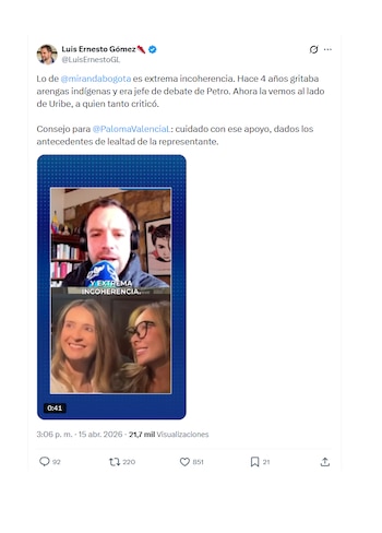 Luis Ernesto Gómez lanzó ataques a Katherine Miranda