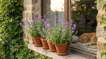 Macetas de hierba gatera con flores moradas en el alféizar de una ventana de piedra, con mosquitos sobre el cristal y un gato naranja dormido dentro.