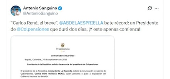 El exministro del Trabajo Antonio Sanguino cuestionó la corta permanencia de Montoya en el cargo y calificó irónicamente al funcionario como “Carlos René, el breve” - crédito @AntonioSanguino/X